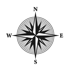 Vintage marine wind rose, nautical chart. Monochrome navigational compass with cardinal directions of North, East, South, West. Geographical position, cartography and navigation. Vector illustration.