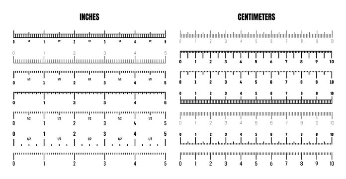 Realistic black centimeter and inch scale for measuring length or height. Various measurement scales with divisions. Ruler, tape measure marks, size indicators. Vector illustration