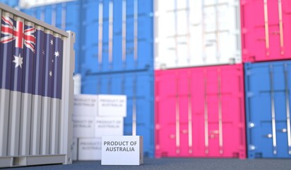 Carton with PRODUCT OF AUSTRALIA text and many containers, 3D rendering