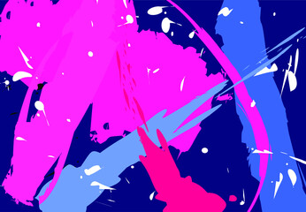 Hand-painted brushstrokes of pink, blue flowers on a dark blue background.white splashes, chaotic pink smears, spots. Creative design of wallpaper, canvas, business cards, advertising, wrapping paper,