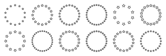 Stars of various sizes arranged in a circle. Round frame, border. Black star outline, simple symbol. Design element, ornament. Line art. Vector illustration