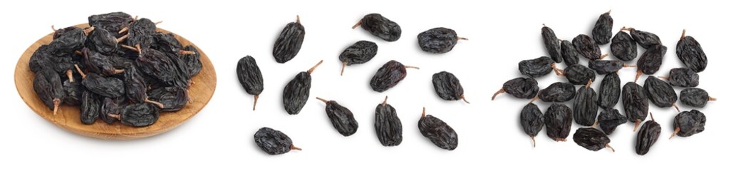 Black raisin isolated on white background. Top view. Flat lay. Set or collection