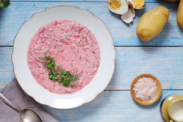 A plate with cold beetroot soup - national dish of Baltic region