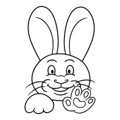 Monochrome picture, Funny cute rabbit, smiling and waving his paw, vector illustration in cartoon style