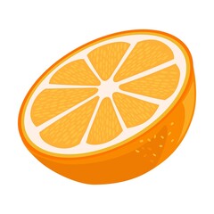 Fototapeta na wymiar Juicy bright orange. Whole fruit with green leaf, half cut, slice. Vector illustration for organic product, fresh citrus, raw food diet