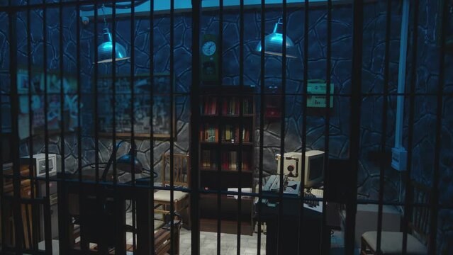 Dark jail cell at night . Hanging Swaying swinging lamps on dark room . Silhouette of policeman opening Interrogation room before interrogating . Prison life concept . Shot on camera ARRI slow motion