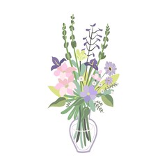 Flower bouquet in vase flat icon. Bunch of plants vector illustration. Tulips and others. Decoration and nature