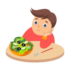 Picky boy refusing healthy food. Cartoon vector illustration. Naughty kid rejecting vegetables, crying, dreaming of burgers, sitting at tables