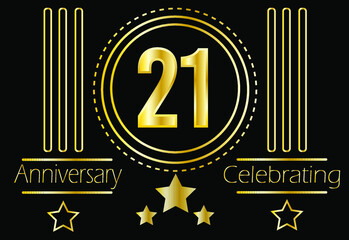 21 years anniversary celebrating. Vector gold medallion with ornament and stars for birthday on black background.