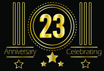 23 years anniversary celebrating. Vector gold medallion with ornament and stars for birthday on black background.