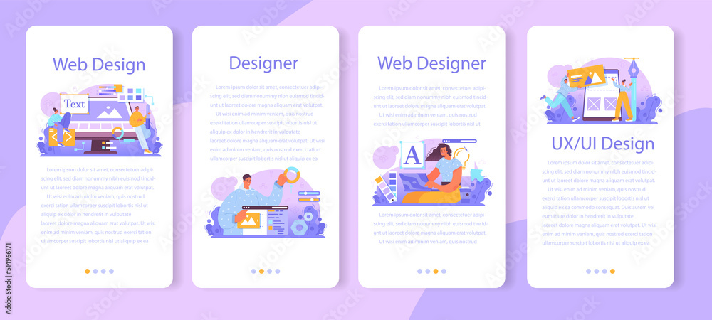 Poster web designer mobile application banner set. interface and content