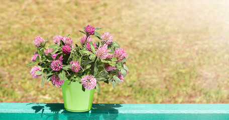 A bouquet of clover wild flowers in a decorative bucket on a blurred background in the sun. Place for text. Copy space.