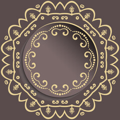 Round vector brown and golden frame with floral elements and arabesques. Pattern with arabesques. Fine greeting card