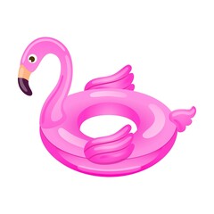 Children inflatable pink flamingo ring. Rubber donuts, duck, unicorn for kids in swimming pool. Can be used for pool party, summer vacation