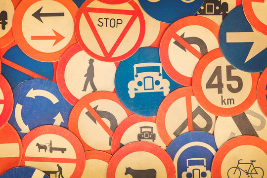Retro styled image of vintage road traffic signs