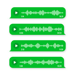 Obraz premium Voice, audio message, speech bubble. SMS text frame. Social media chat or messaging app conversation. Voice assistant, recorder. Sound wave pattern. Vector illustration
