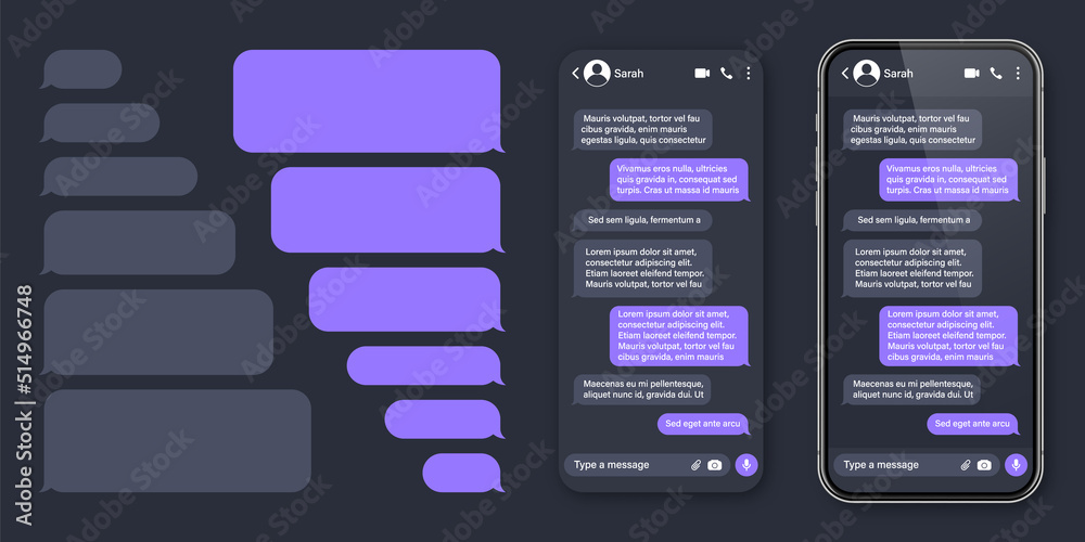 Wall mural Realistic smartphone with messaging app. SMS text frame. Conversation chat screen with violet message bubbles and placeholder text. Social media application. Vector illustration.