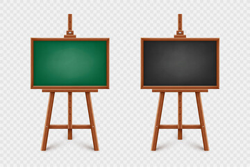 Realistic chalkboard on wooden easel. Blank blackboard in wooden frame on a tripod. Presentation board, writing surface for text, drawing. Online studying, learning mockup. Vector illustration © 32 pixels