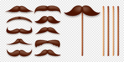Realistic fake mustache on a wooden stick. Vintage paper mustache for carnival or holiday. Various brown facial hair, fashionable hipster beard. Vector illustration - obrazy, fototapety, plakaty