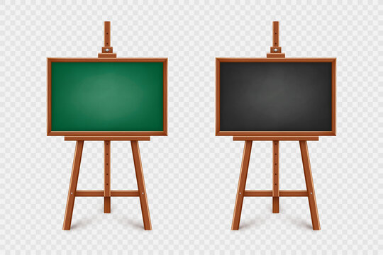 Realistic chalkboard on wooden easel. Blank blackboard in wooden frame on a tripod. Presentation board, writing surface for text, drawing. Online studying, learning mockup. Vector illustration