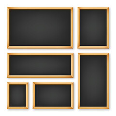 Realistic various chalkboards in a wooden frame. Black restaurant menu board. School blackboard, writing surface for text or drawing. Blank advertising or presentation boards. Vector illustration
