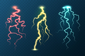 Realistic colorful lightning collection on blue background. Thunderstorm and lightning bolt. Sparks of light. Stormy weather effect. Vector illustration