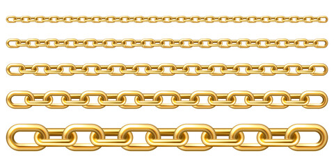 Realistic gold plated metal chain with golden links isolated on white background. Vector illustration.