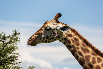 Face of the giraffe in the background of blue sky. Nakuru. Kenya