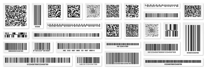 Set of product barcodes and QR codes. Identification tracking code. Serial number, product ID with digital information. Store or supermarket scan labels, price tag. Vector illustration.