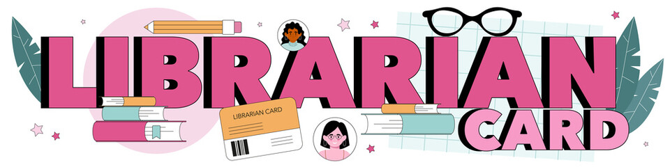 Librarian card typographic header. Library staff cataloging and sorting