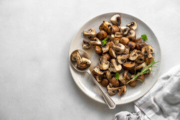 roasted, baked mushrooms, homemade food. Top view, Food photo, copy space