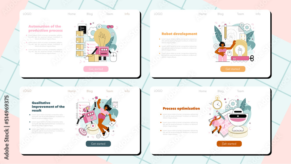 Poster cyber engineering web banner or landing page set. robotics' constructing