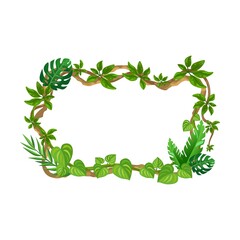 Jungle frame lianas, tropical plant branches with leaves, space for text or sign with borders. Isolated vector illustration for forest