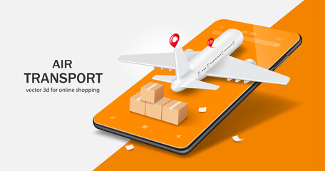 Airplanes and parcel boxes are on smartphones and there is a pin location at the place for delivering products to customers,vector 3d for advertising media about air freight and transport design