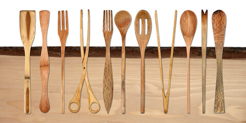 Topview of Set Cooking Wooden Utensils on Table Background