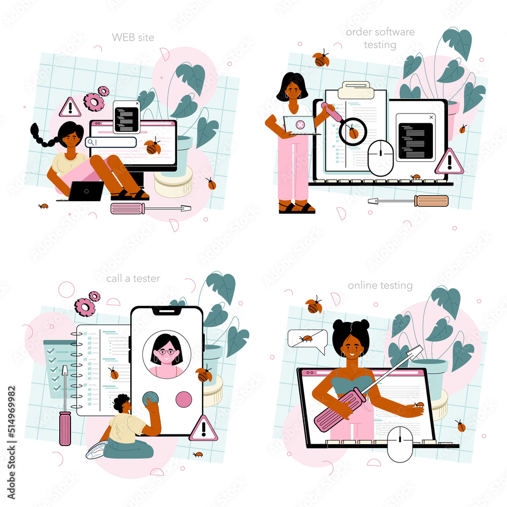 Poster software tester online service or platform set. application or website code