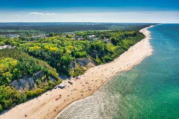 Aerial landscape of the beach in Jastrzebia Gora by the Baltic Sea at summer. Poland. - obrazy, fototapety, plakaty