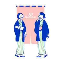 浴衣姿の女性たちとのれん