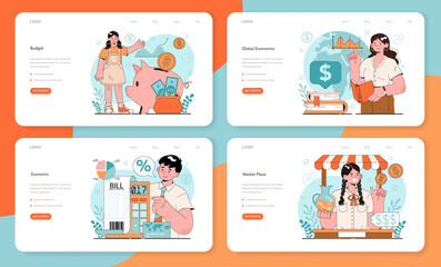 Economy school subject web banner or landing page set. Student studying