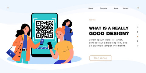 Female cartoon characters scanning QR codes with smartphones. Huge mobile phone with barcode in background flat vector illustration. Technology, coronavirus, security concept for banner, landing page