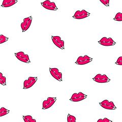 Red lips icon. Simple line mouth icon. Sexy open mouth with red lipstic. Makeup icon.Red lips hand drawn with ink paint brush and black pen outline, isolated on white background. Vector illustration

