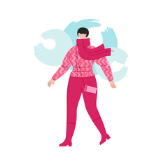 Walking plus size woman in warm clothes