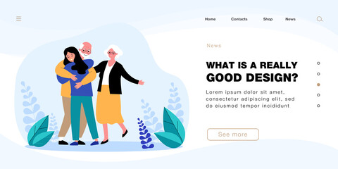 Adult daughter hugging old father. Woman visiting parents or grandparents flat vector illustration. Family, relationship, elderly care concept for banner, website design or landing web page