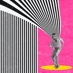 Contemporary art collage. Dancing man with optical illusion design as background. Funny dance in...