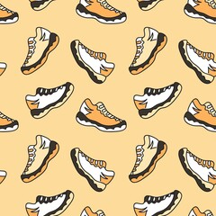 Seamless vector pattern with sneakers on orange background.	