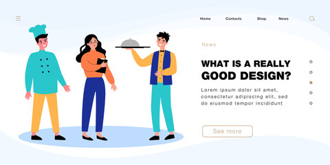 Female restaurant manager with chef and waiter. Restaurant or cafe staff in uniform flat vector illustration. Management, occupation, food industry concept for banner, website design or landing page