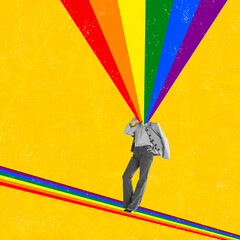 Contemporary art collage. Retro woman with rainbow colored design isolated over yellow background....