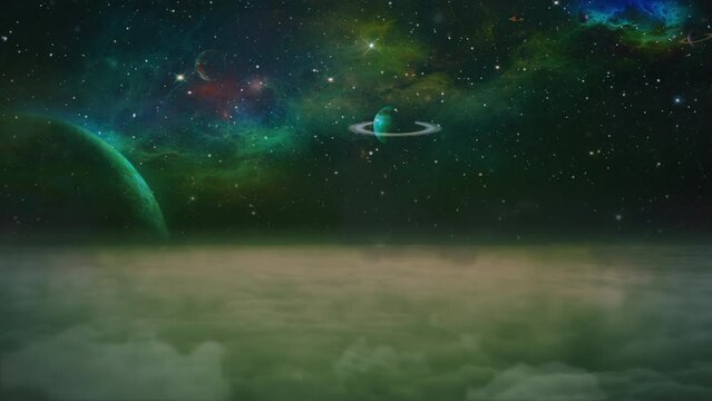 Space Planets Above Clouds Science Fiction Motion Background. View from over clouds under a starry space with planets. Motion background