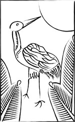 花札の筆書きイラスト　睦月　松　鶴　1月　松に鶴