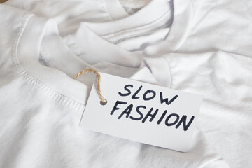 white mockup t-shirts for children and a tag with the inscription slow fashion